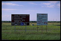 A sign directing visitors to Head Smashed-In Buffalo Jump, Alberta, Canada